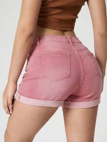 Jeanoix Quần short denim nữ dáng ôm, rách, có túi, đa năng. - Hồng - Xem 2