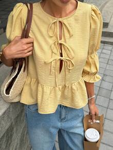Livesso Casual Women's Blouse With Puff Sleeves, Round Neck And Tie - Yellow - View 7