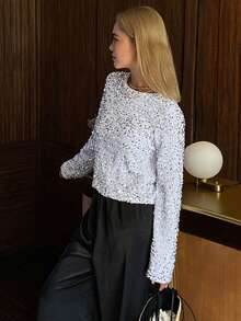 Livesso 圆领系带蝴蝶结亮片装饰女式衬衫 - 銀色 - 查看 4