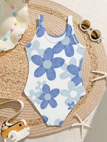 可爱耷拉耳朵兔子印花女童连体弹力印花面料度假沙滩泳衣 - 彩色 - 查看 2