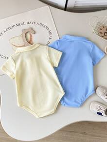 Playful Pals 男婴夏季针织连体衣，纯色短袖半开襟连体衣两件套，适合休闲穿着、居家和户外活动 - 彩色 - 查看 2
