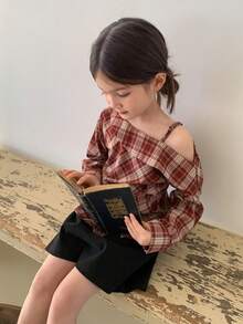 DAZY Young Girls Plaid Korean Style Casual Short Sleeve Shirt, Spring/Summer - Red - View 7