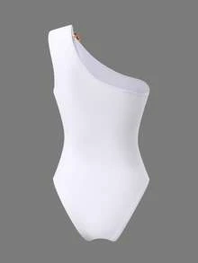 SHEIN Swim Oasis 2026新款女士两件套印花白色连体泳衣和网纱长裙沙滩度假优雅泳装套装 - 藍白色 - 查看 4