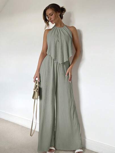 Siren Gaze Set de 2 piezas con top halter con textura y espalda descubierta, y pantalones con abertura en la pierna, para primavera/verano