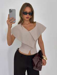 Aloruh 女士优雅艺术风时尚浪漫约会通勤不对称翻领西装外套，春夏款 - 卡其色 - 查看 3