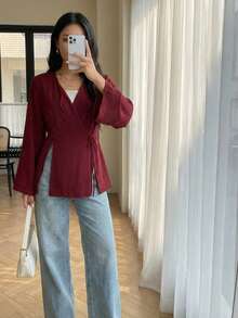 Solavon Women's Solid Color Wrap Tie Shirt, Minimalist Style For Commuting, Autumn - Burgundy - View 2