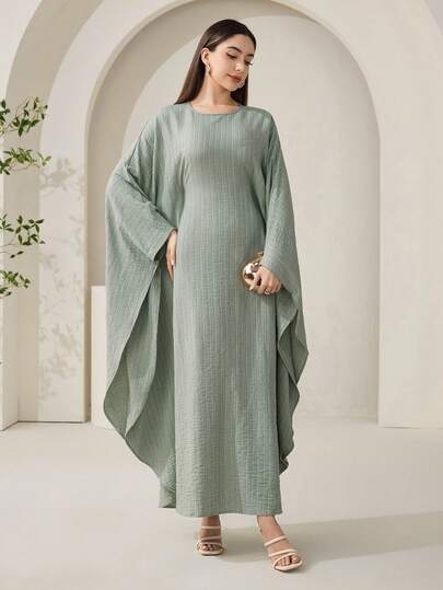 Veilorie Women's Round Neck Solid Color Batwing Sleeve Elegant Maxi Arabian Dress