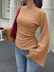 SHEIN Clasi 标准尺码女士宽领落肩喇叭袖腰部褶皱印花针织上衣，秋冬款 - 橘色 - 查看 4