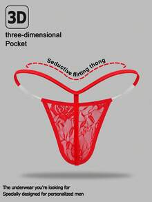 1pc Fashionable Bright Red Lace Waist Thong Underwear For Men - Red - View 2