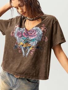 Bohemela 休闲纯色V领短袖宽松水洗女式T恤 - 棕色 - 查看 6