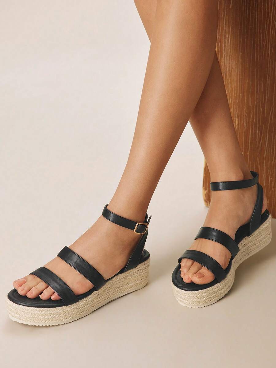 Styleloop Sandalias de cuña con plataforma para mujer, sandalias de cuña con plataforma casual de unicolor y tejido de moda con suela gruesa, sandalias de cuña de lona con correa de tobillo estilo bohemio retro, estilo de atuendo para fiesta del festival de música del oeste americano, atuendo de vacaciones, esencial de viaje - Negro 6 - Ver 1
