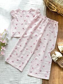 Vintaside Kids Young Girl Textured Fabric Short Sleeve Button Back T-Shirt & Casual Long Pants 2-Piece Set - Pink - View 2