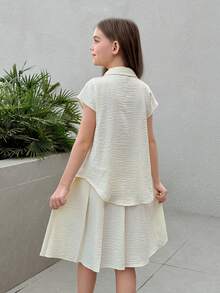 Firerie Kids Tween Girl Casual Commuting Fashion Apricot Shirt Collar Pleated Loose Top & Pleated A-Line Skirt Set - Apricot - View 3