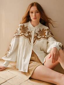 MOTF PREMIUM WOMEN'S LOOSE EMBROIDERED FOLD PLEATED LONG SLEEVE BLOUSE - Apricot - View 1