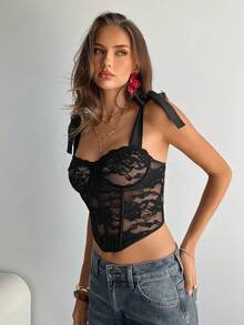 Aloruh 女士黑色蕾丝性感吊带背心 - 黑色 - 查看 5