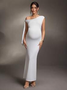 Cheriluna Maternity Pregnant Women's Asymmetric Shoulder Tie Ruffle Slit Elegant Maternity Dress, Pure White - White - View 3