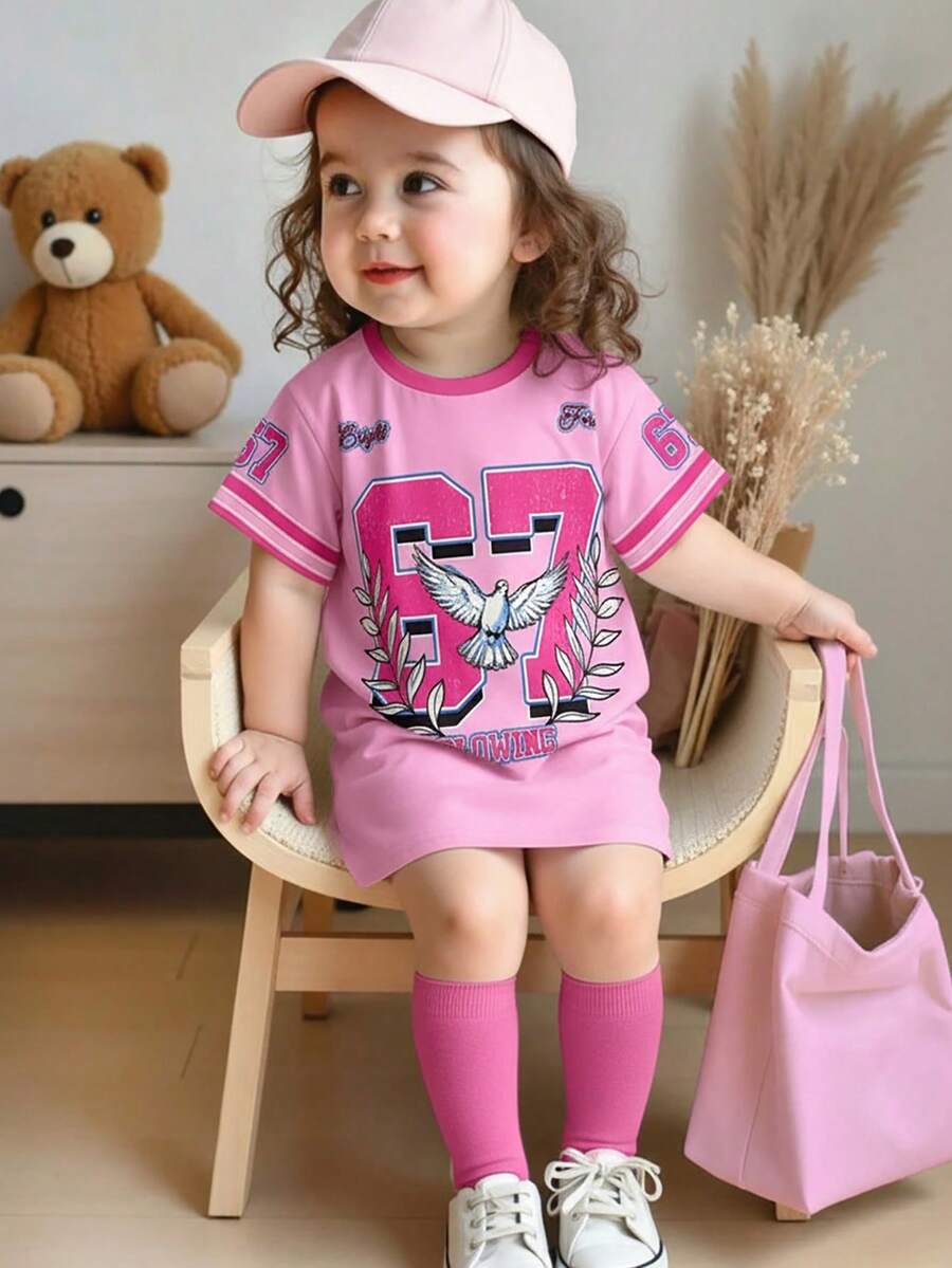 SHEIN 女童简约印花圆领短袖连衣裙 - 深粉 - 查看 1