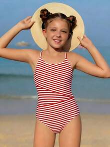 Girls' Striped Elastic Woven One-Piece Swimsuit, Suitable For Beach, Vacation, Swimming Tween One Piece Swimsuit Red And White Striped Swimsuit Girls Red White One Piece Swimsuit Girls Striped Swimsuit Tweens Beachwear - Red and White - View 1