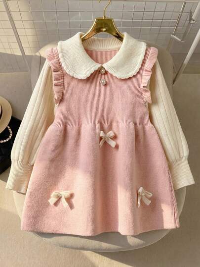 SHEIN Vestido de suéter de punto con cuello de volantes de lazo y contraste de color, informal y cómodo para niñas jóvenes