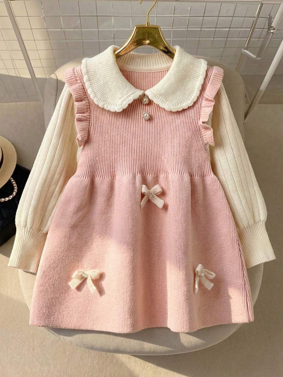 SHEIN Young Girl Oversized Casual & Comfortable Contrast Color Ruffle Collar Bow Decor Knitted Sweater Dress,In Fall/Winter - Pink - View 1