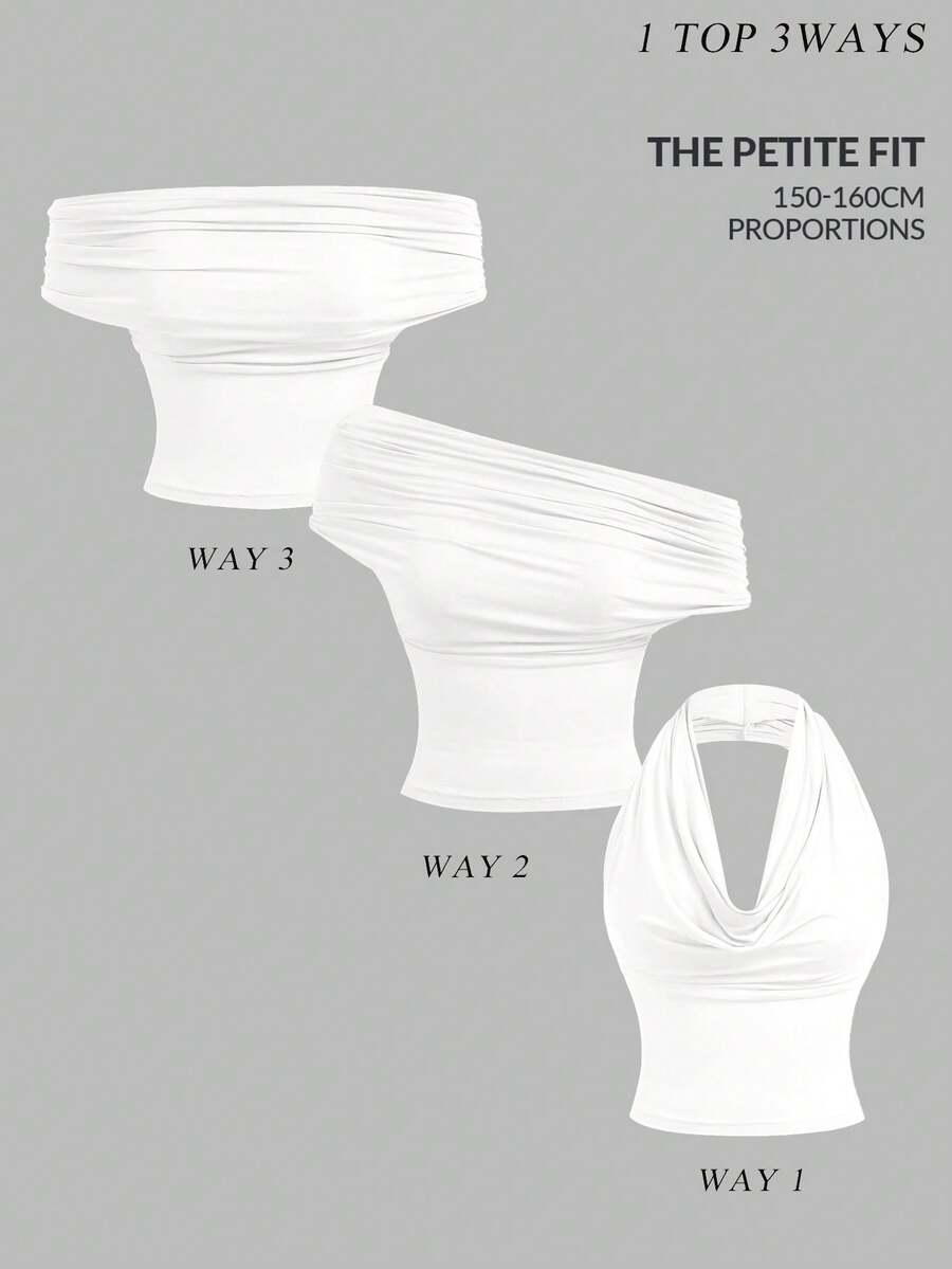 SHEIN MOD Petite 适合身高150-160厘米，娇小身材完美之选，专为娇小女性设计，女士简约纯色褶皱修身上衣，春夏皆宜，适合嘉年华、派对、沙滩、外出、度假、休闲、Y2K风格、白色上衣、优雅上衣 - 白色 - 查看 1