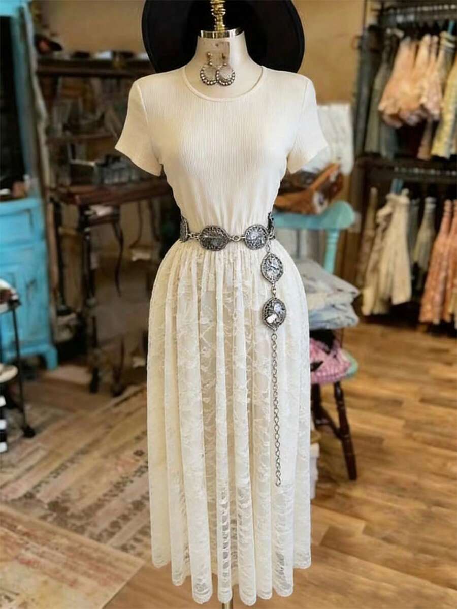 LanaWest Women's Spring/Summer Western Style Apricot Textured Knit Patchwork Lace Hem A-Line Dress - Apricot - View 1