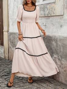 Breezaya 女士时尚方领长连衣裙，夏季 - 杏色 - 查看 1