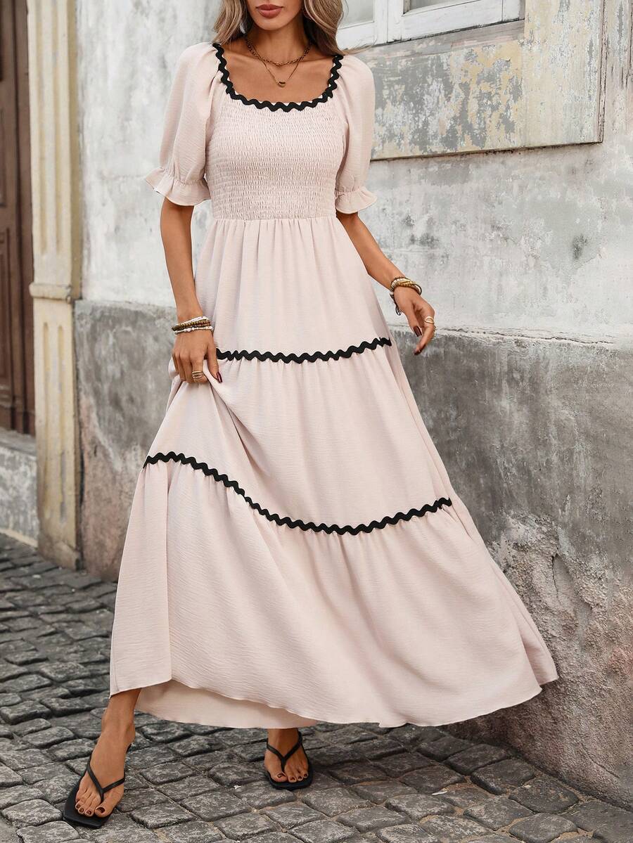 Breezaya 女士时尚方领长连衣裙，夏季 - 杏色 - 查看 1