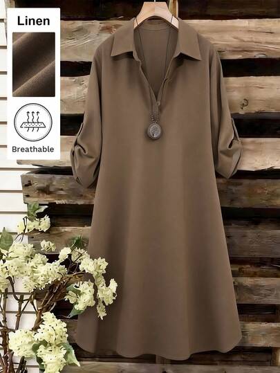 SHEIN Franclia Women's Mid-Length Linen Dress, Shirt Collar, 3/4 Sleeve, A-Line Silhouette, Fashionable Casual Wear, Suitable For Work And Leisure Collar Dress Women Brown Dress Women Khaki Dress Women Coffee Brown Dress
