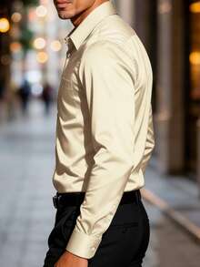 Manfinity Mode 男士優雅商務休閒米色襯衫，正式斜紋長袖正裝襯衫適合夏季，老錢風香檳金奶油色上衣適用於婚禮派對、典禮 - 杏色 - 查看 3