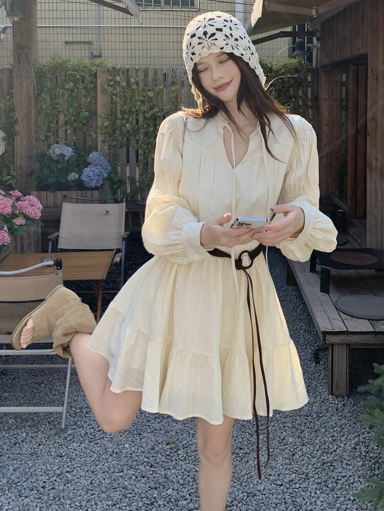 Women's Refreshing Korean Style Vacation Comfortable Tie-Up Solid Color Mini Dress Sundress