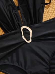 Swim Chiccia Women's Solid Color One-Piece Swimsuit For Beach Vacation, Summer - Black - View 5