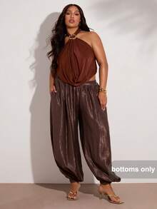 SHEIN BAE 大码女式纯色口袋休闲百搭日常灯笼裤，灯笼裤，咖啡棕色波西米亚风大码女装，大地色系女装，大码下装 - 棕色 - 查看 3