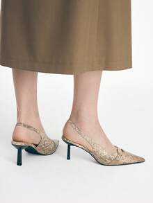 Mnmlis Snake Skin Embossed Metal Buckle Sandals, Pointed Toe Chunky Heel Design, French Retro Niche High-End Shoes - snake pattern - View 3