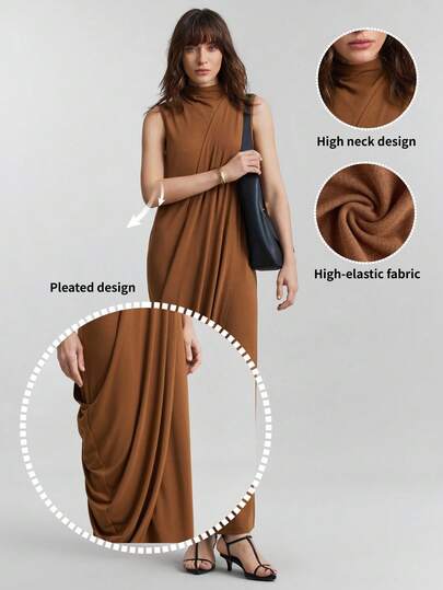 Ontre 2026SS Women's Red-Brown Faux Wool Blended High-Stretch Fabric Comfortable & Skin-Friendly Asymmetric O-Shaped Ruched Design 2 In 1 Mock Neck Straight Dress With Wrapped Ruched Decor, Modern Urban Casual Business Commuter High-Quality Airport Fashion Modern Urban Casual Fashion Business Casual Women's Office Wear Low-Key Old Money Style Effortless Temperament High-End Urban Commuting High-Quality Airport Women's Wear High-End Material High Neck Dress Brown Maxi Dress Draped Dress