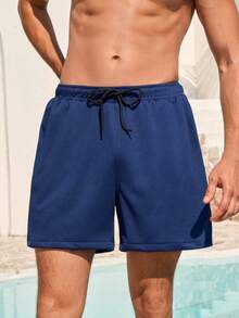 Manfinity VDAYZ Men's Drawstring Waist Casual Pocket Beach Shorts - Blue and White - View 2