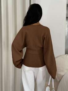 Siren Gaze Women's Solid Color Button-Up Fitted Waist Knit Cardigan, Casual Everyday Wear, Autumn/Winter - Coffee Brown - View 2