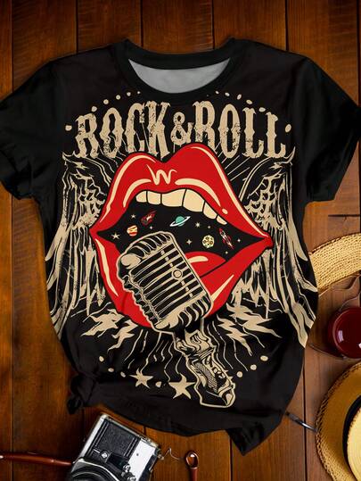 EMERY ROSE Plusstorlek dam-t-shirt med musikfestivaltryck, svarta grafiska t-shirts, avslappnad passform för vardagsbruk, vardagliga modekläder, sommar