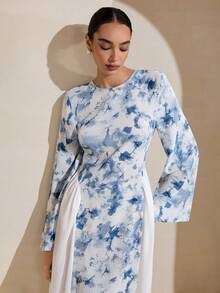 Graceveil Patchwork Floral Print Chiffon Waist Design Fashionable Arabic Style Dress - Blue - View 5