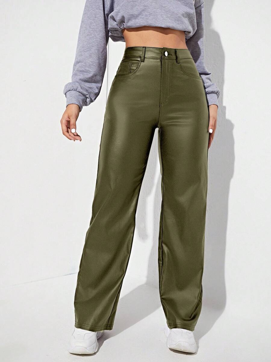 EURMUSE Pantalones versátiles de moda casual de unicolor para mujer - Verde - Ver 1