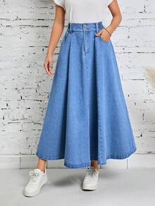 EMERY ROSE Women's Button Waist Design Pocket Casual Denim Skirt - Medium Wash - View 3