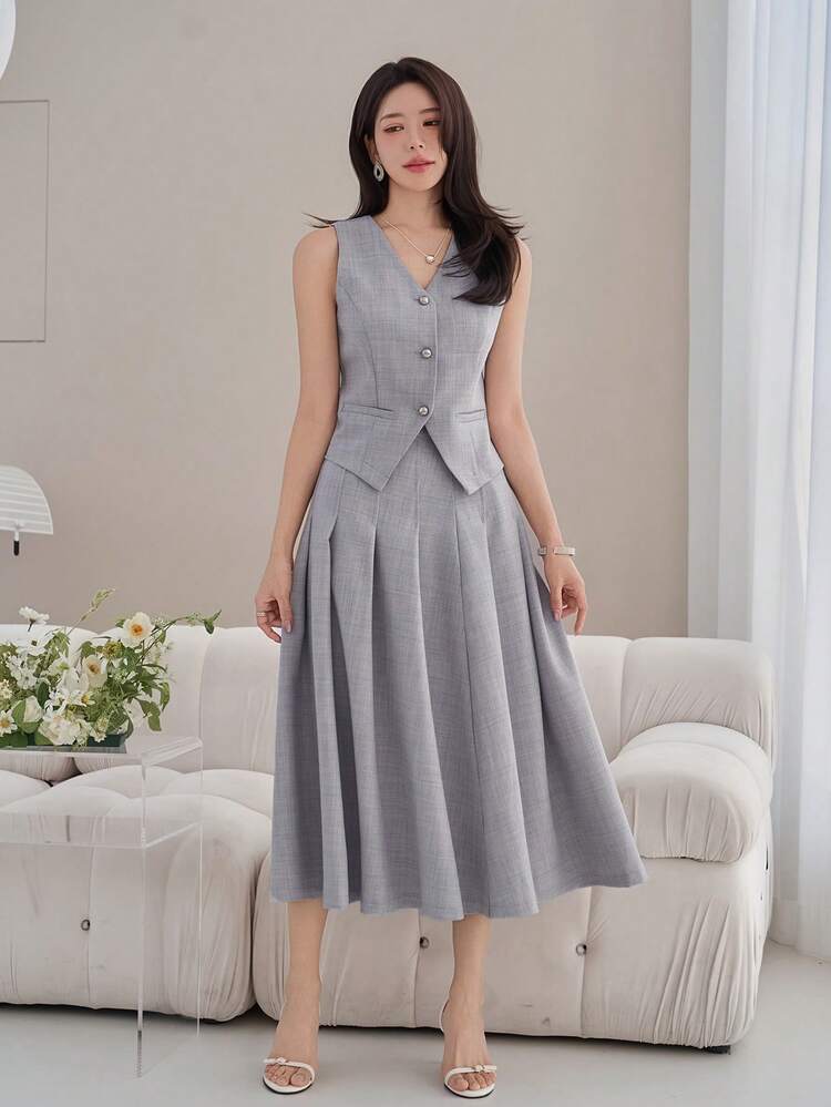 Women's Elegant Solid Color V-Neck Faux Pocket Pleated Vest & Skirt 2-Piece Set, Summer,Wedding Guest Dress Women