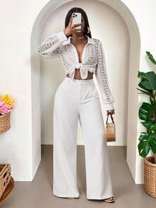 BamGleam Women's Fashionable Sexy Hollow Button Shirt, White Crochet Lace Blouse, Beach, Summer Vacations, Spring Breaks, Wedding Guest, Birthday, Elegant Party Blouse, Carnival Women Look 2026Summer - White - View 1