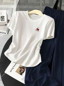 Resyla 女士樱桃印花圆领短袖上衣和裤子休闲两件套 - 彩色 - 查看 3