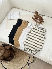 LMoss Kids 4pcs Baby Boy/Girl Cute Knitted Elastic Striped Short Sleeve Rompers, Basic Bodysuit Multi-Pack, Spring/Summer - Multicolor - View 4