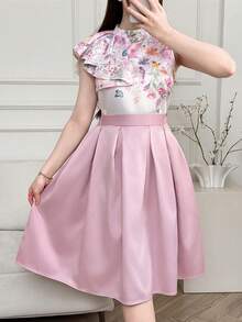 SHEIN 2pcs/Set Teen Girl Elegant Floral Print Shirt With Ruffle Hem & Ruched Flare Skirt, Teen Skirts Sets, 2 Piece Sets Skirts,Kids - Pink - View 5
