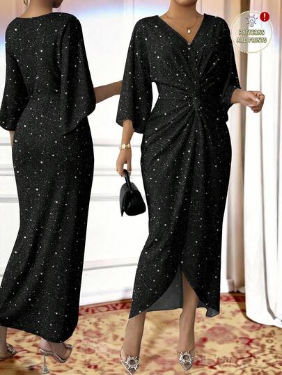 SHEIN Lady Plus-Size Women's V-Neck Three-Quarter Length Batwing Sleeve Dress With Knotted Waist, Black Glitter Print Dress. Summer Dress, Party Dress, Wedding Guest Dress, Birthday Dress, Elegant Women's Dress.