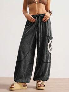 Bohemela Pantalones holgados de punto con cordón, unicolor, con bordado de signo de paz, estilo bohemio casual de vacaciones para mujeres - Negro - Ver 2