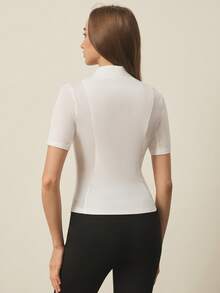 With My Calm Top manches courtes décontracté polyvalent pour équitation, col montant, demi-zip, couleur unie, pour femmes - Blanc - Voir 2
