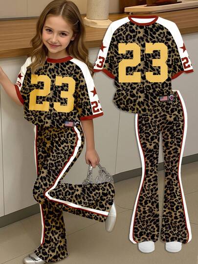 Tween Girl Bordeaux Red & Leopard Print, Retro American College Style Leopard Number 23, New York Graphic Short Sleeve T-Shirt And Flare Leg Pants Set